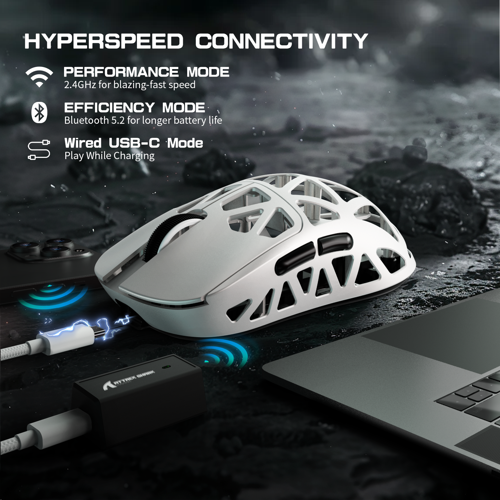 ATTACK SHARK R2 gaming mouse with hyperspeed connectivity modes: 2.4GHz, Bluetooth 5.2, and USB-C wired.