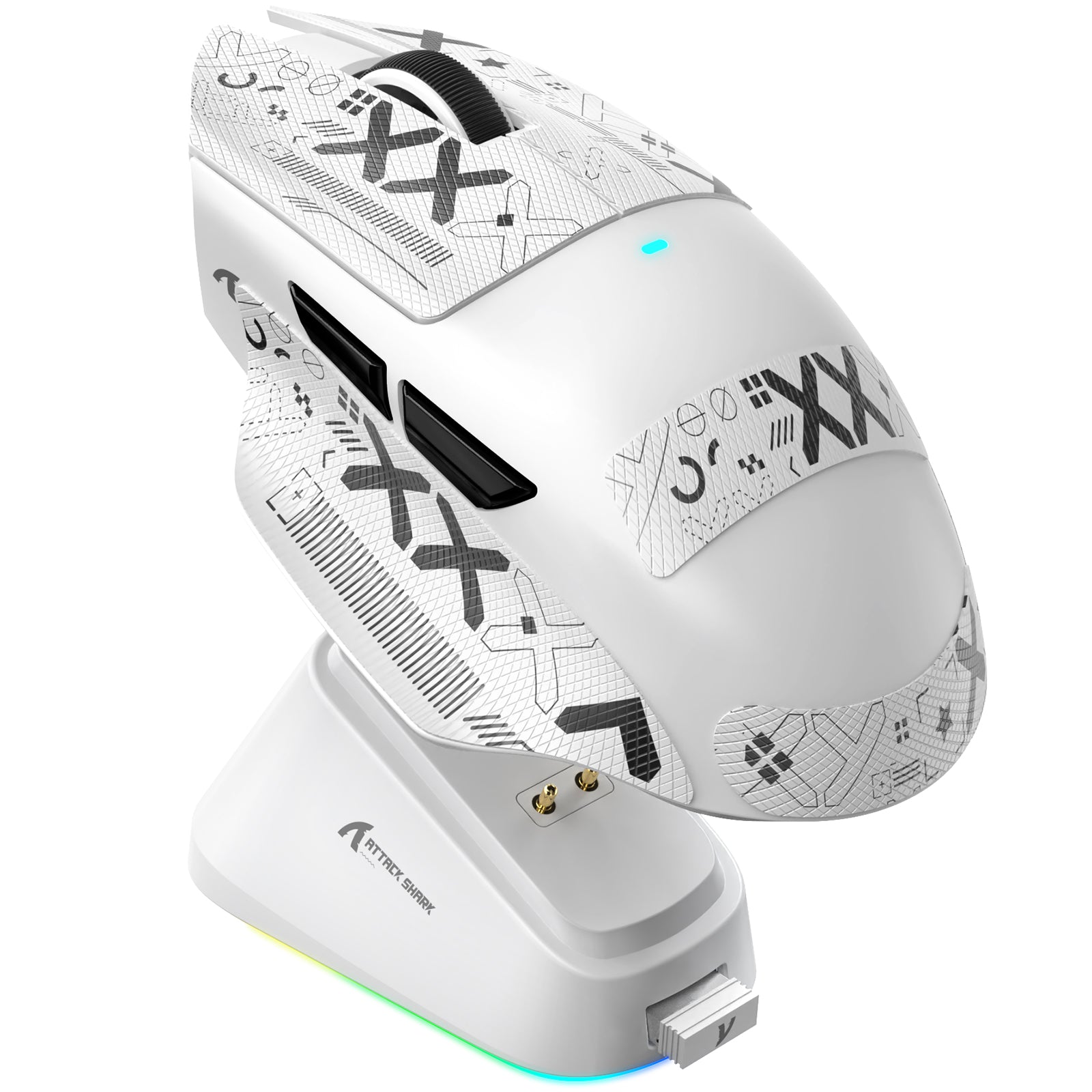 ATTACK SHARK V6 ultra-light white gaming mouse with geometric pattern on charging dock