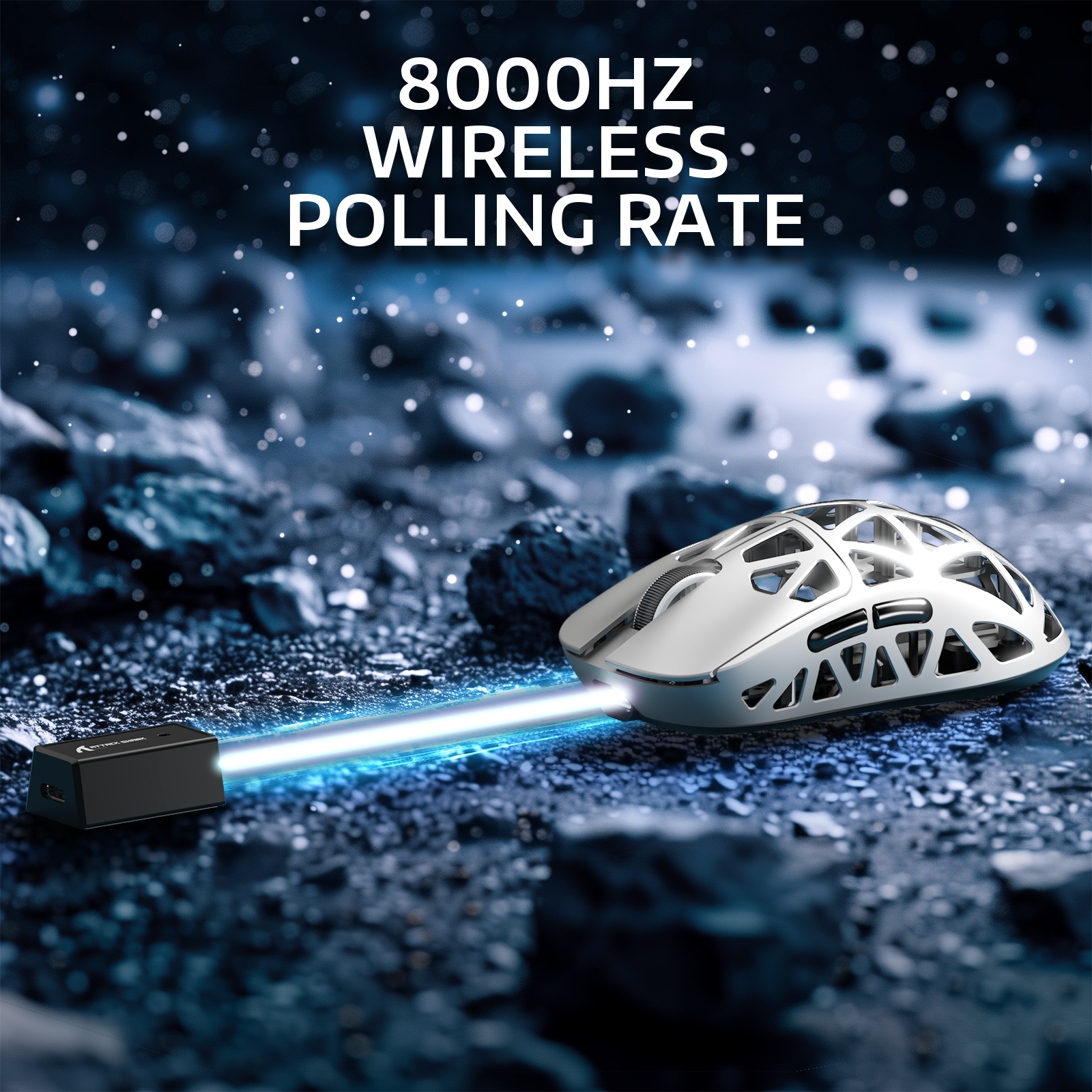 ATTACK SHARK R2 Magnesium Alloy gaming mouse, white, hollow design, 8000Hz wireless polling rate.