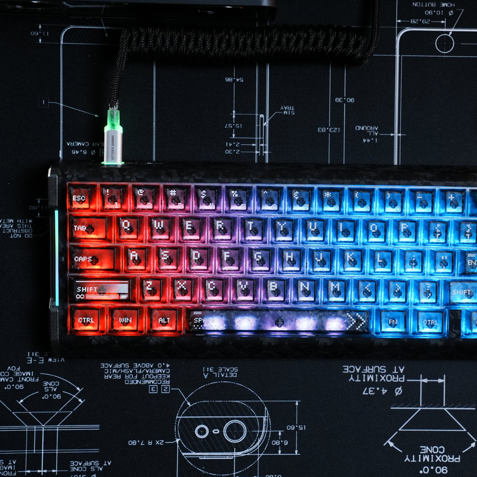 ATTACK SHARK R68 HE carbon fiber keyboard with RGB coiled cable and rapid trigger magnetic switches.