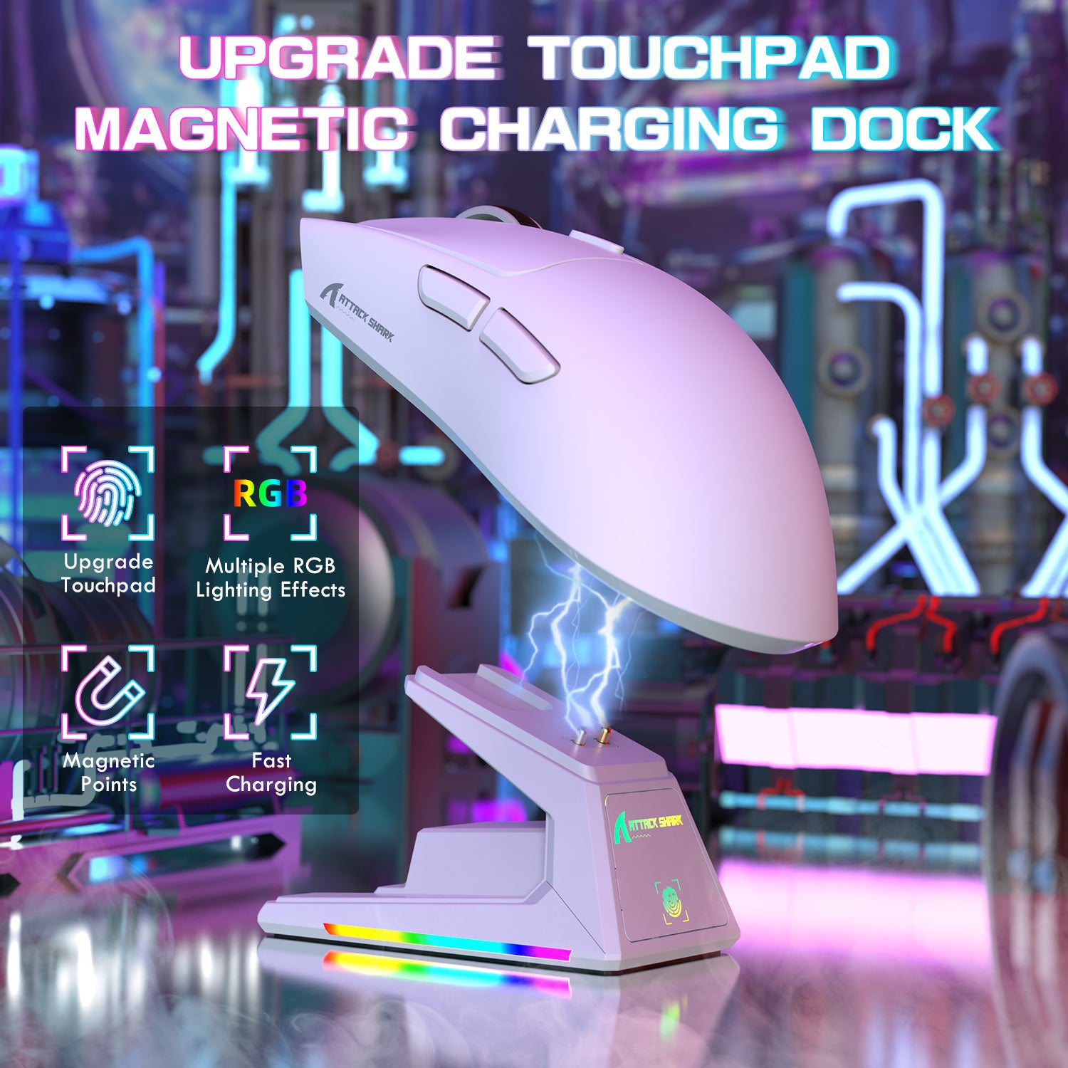 ATTACK SHARK X1 gaming mouse with touchpad, magnetic charging dock, and RGB lighting