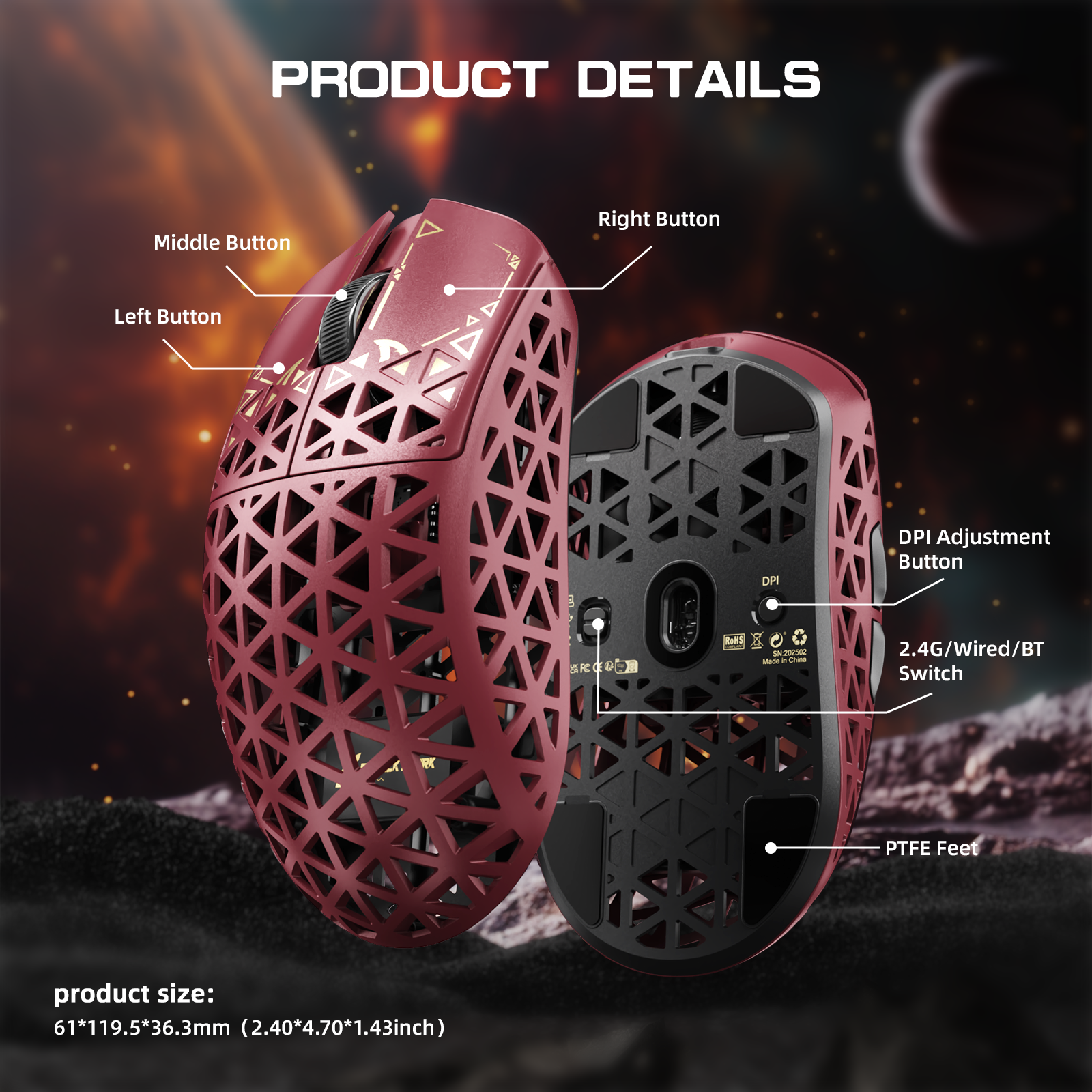ATTACK SHARK R5 Ultra red carbon fiber gaming mouse product details, tri-mode connectivity, buttons, DPI, and PTFE feet