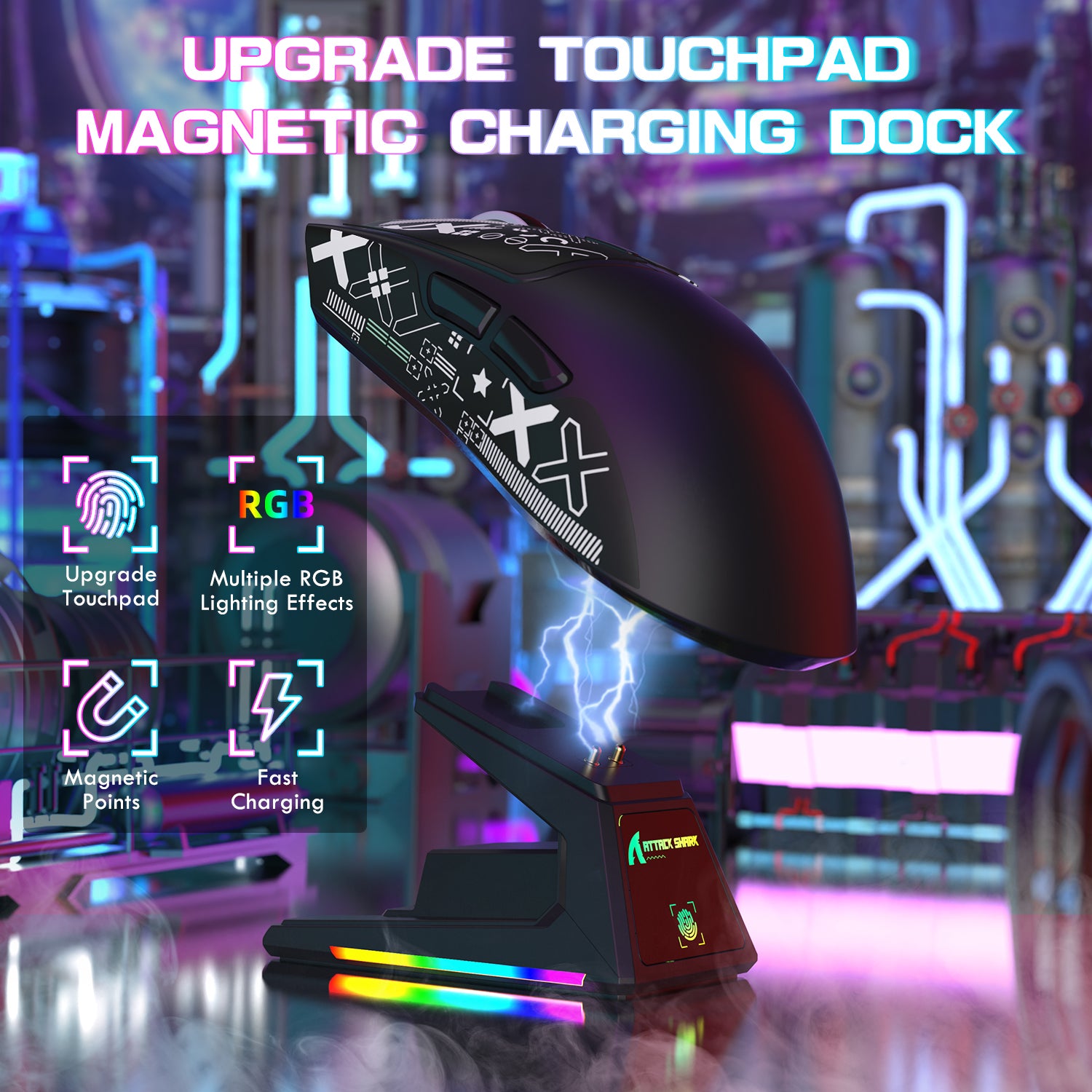 ATTACK SHARK X1 gaming mouse with charging dock and RGB lighting, touchpad and magnetic points