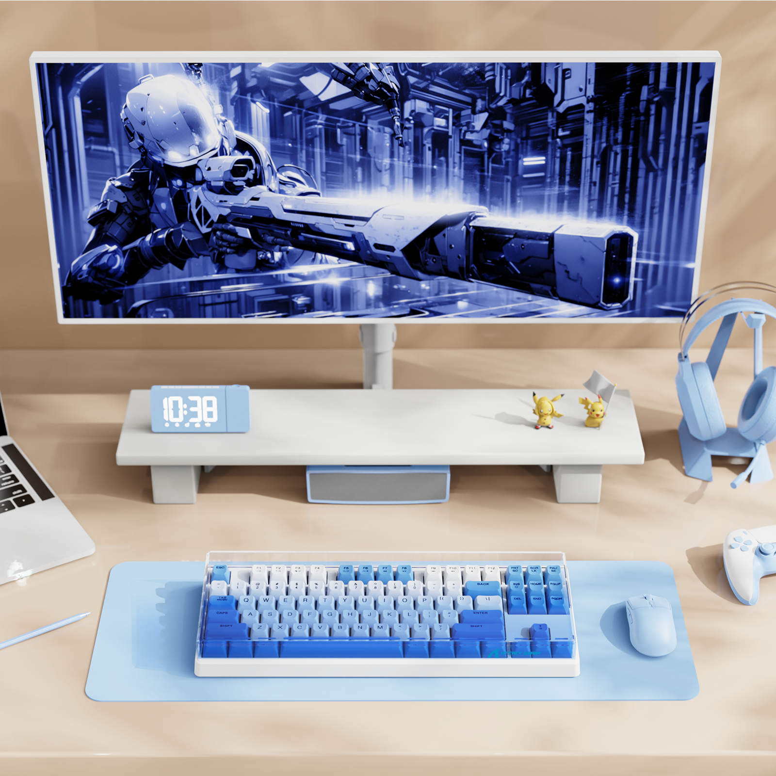 ATTACK SHARK 87-key mechanical keyboard with blue and white keycaps on a desk, featuring a monitor displaying a sci-fi image.