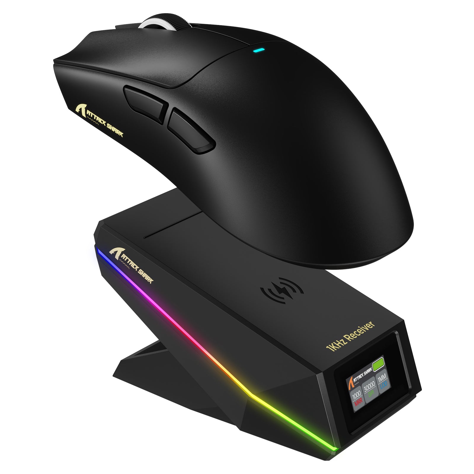 Black ATTACK SHARK X11 PRO V2 wireless gaming mouse on TFT charging dock with RGB light