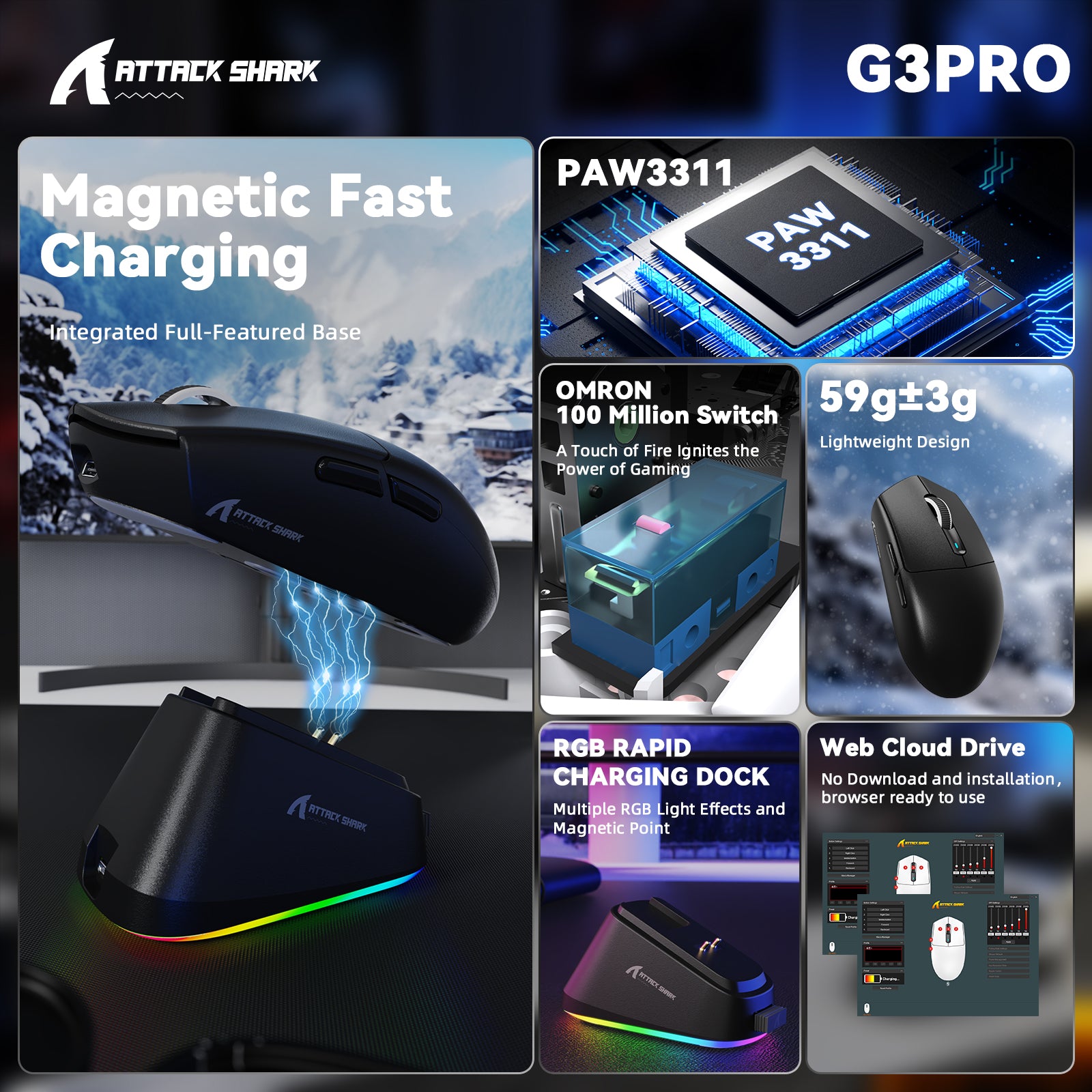 Attack Shark G3PRO wireless gaming mouse promotional collage featuring magnetic fast charging dock, PAW3311 sensor, Omron switches, 59g lightweight design, and RGB lighting.