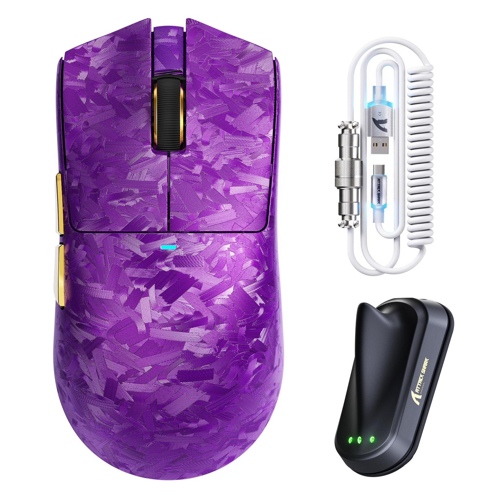 Attack Shark X11 Ultra carbon fiber wireless gaming mouse with charging cable and 8K receiver dock in purple