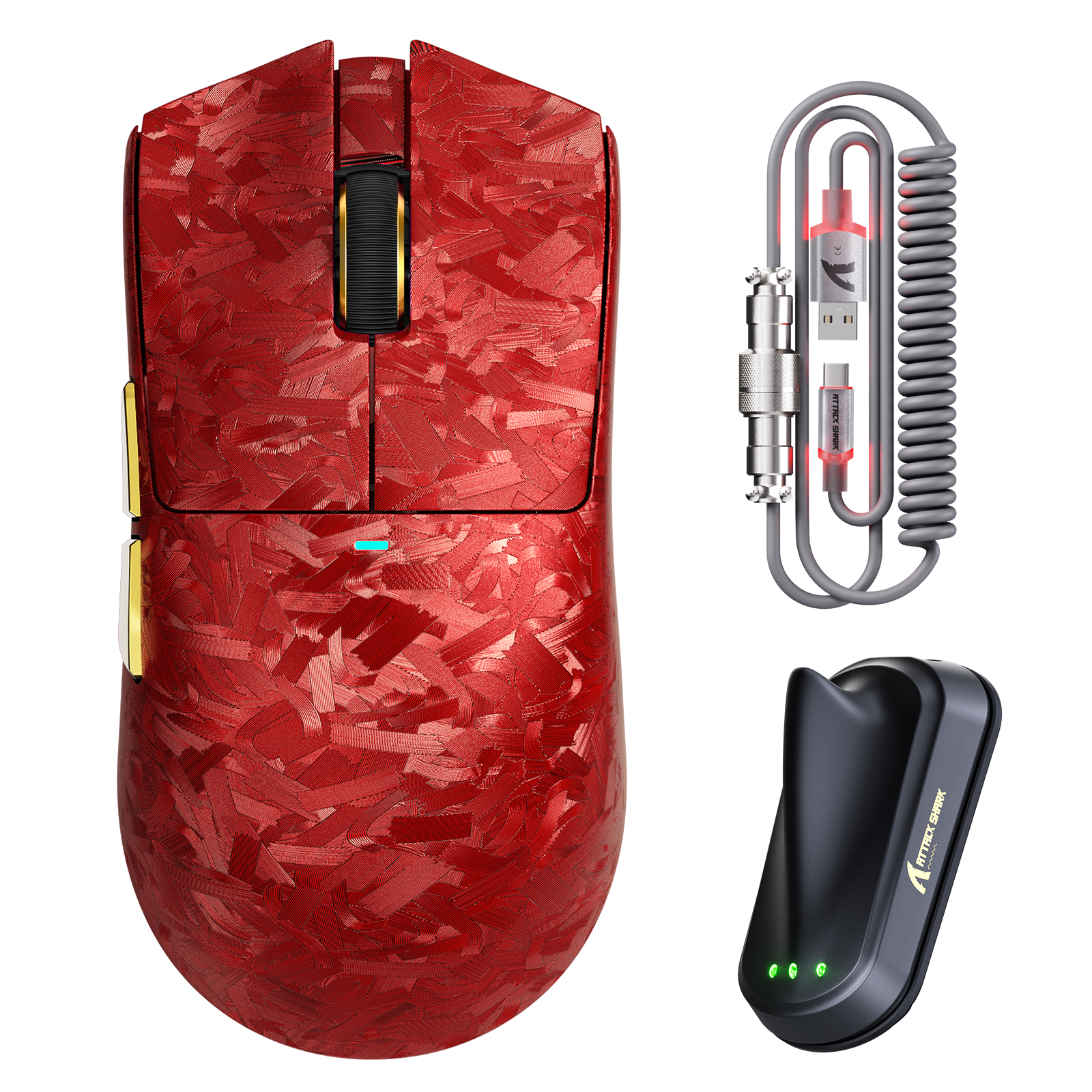 Attack Shark X11 Ultra carbon fiber wireless gaming mouse with charging cable and 8K receiver dock in red