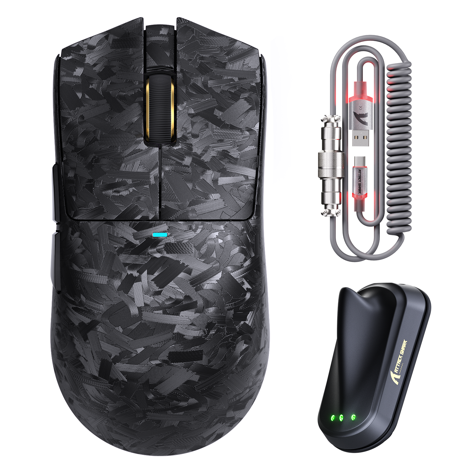 Attack Shark X11 Ultra carbon fiber wireless gaming mouse with charging cable and 8K receiver dock in black